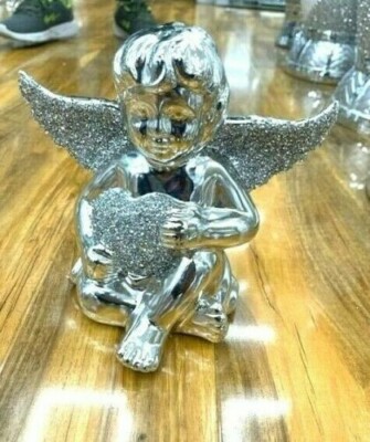 GEBROCHENER DIAMANT ENGELSFLÜGEL HERZ KRISTALL SILBER GLITZER BLING ORNAMENT REGALE