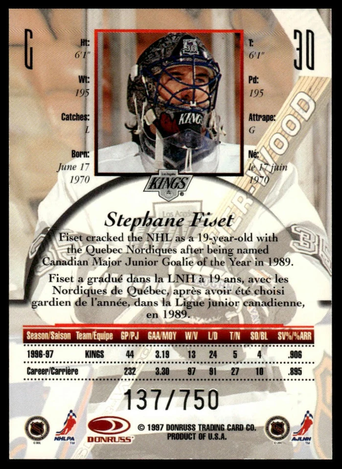 1997-98 Donruss Canadian Ice #30 Stephane Fiset Provincial Series #/750 - Image 2 of 2
