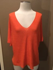 Eileen Fisher S/P 100% Organic Linen Orange V Neck Sweater Top W Dolman Sleeves