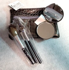 Make-Up Bag Travel Kit Brush Set 5-Piece Brown Faux Croc Leather Cosmetic Pouch