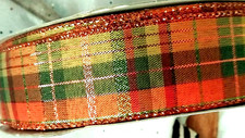 Fall Plaid 1.5" by 5 yards Orange Green Burgundy Wired Ribbon Copper Metallic