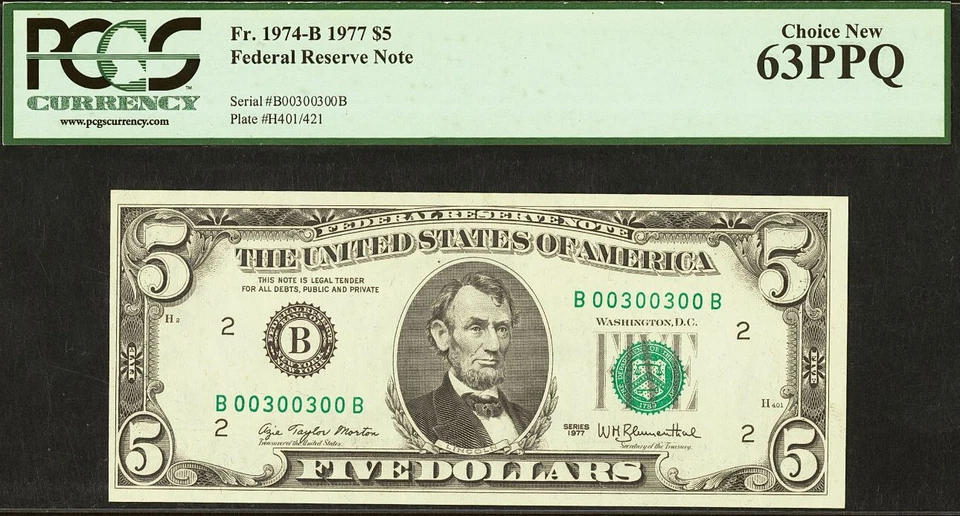 1977 $5 Federal Reserve Note PCGS 63PPQ - Fancy Radar Serial Number 00300300 - Image 2 of 3