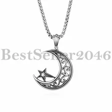 Men Women Crescent Moon and Star Pendant Stainless Steel Necklace Chain 22"