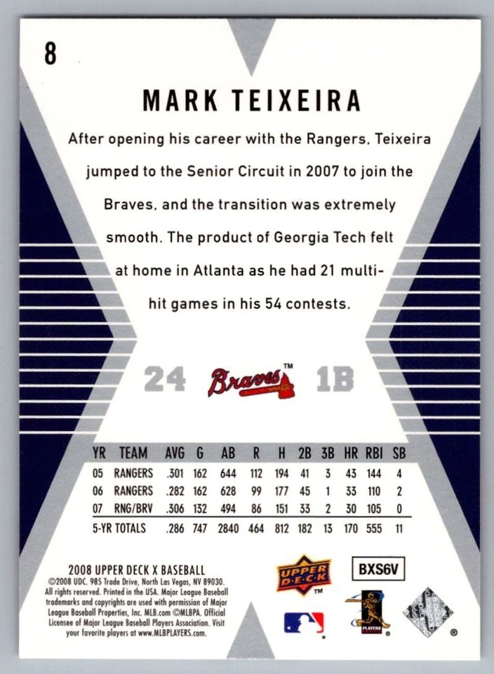2008 Upper Deck X Die Cut Mark Teixeira Atlanta Braves #8 - Image 2 of 2
