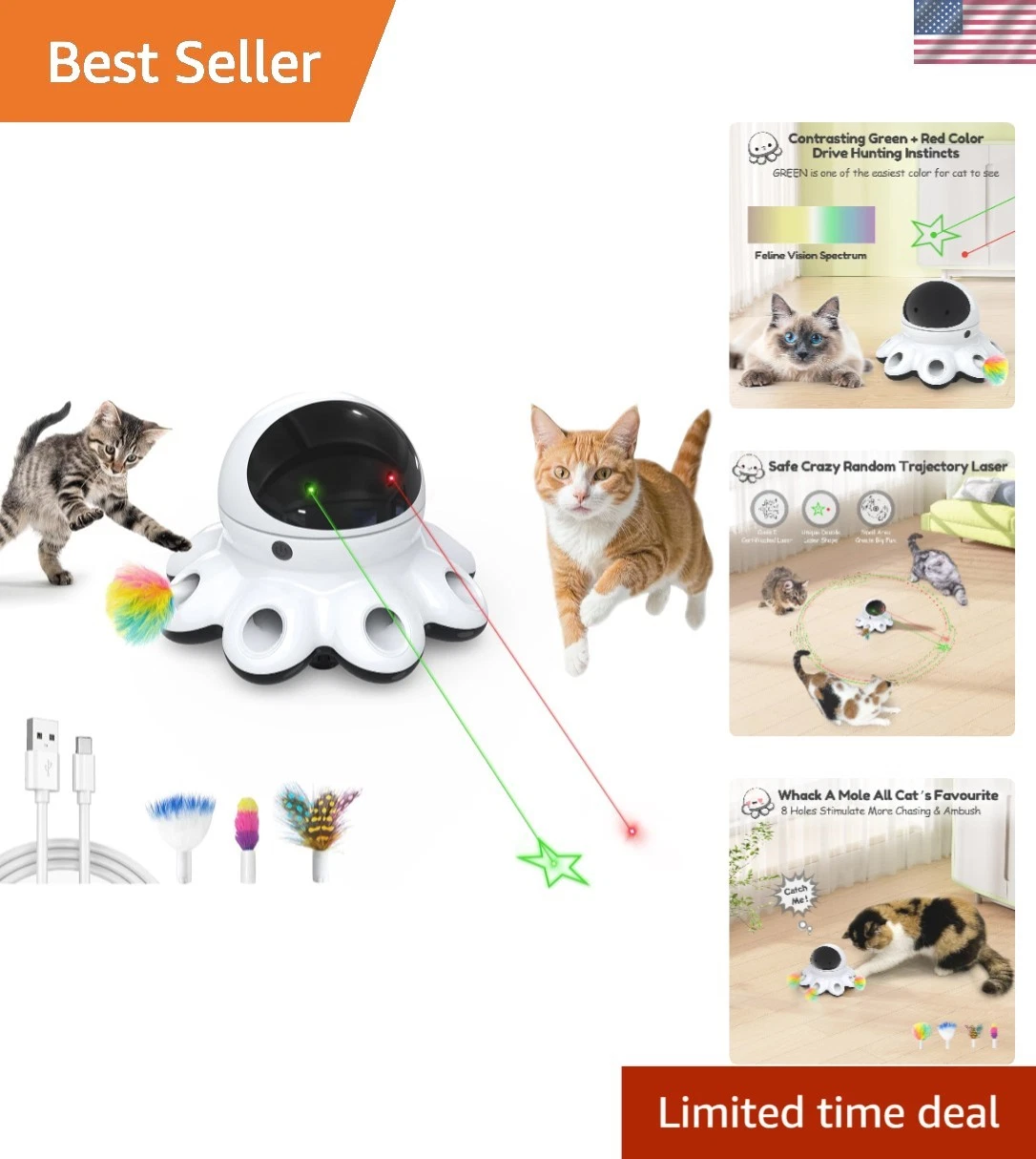Automatic Motion Laser Toy for Cats - Safe 2-in-1 Feather & Light Action