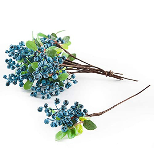 Artificial Blue Berry Stems Pack of 20 Fake Blue Berries with Green Leaves - Picture 3 of 8
