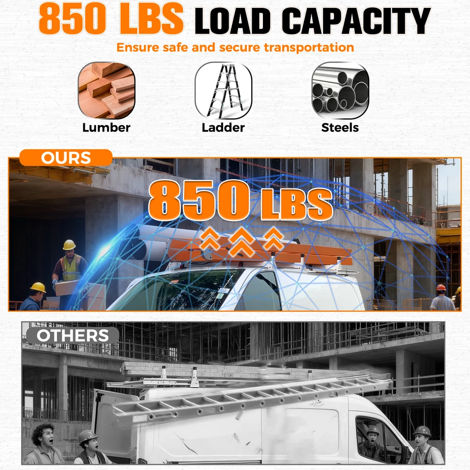 Escalera techo furgoneta 3 barras escalera portaescaleras con rodillo trasero de 24" para Mercedes-benz Metris Foto 4 de 4