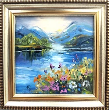 Seascape Original Oil painting 4x4in Flower Landscape Art painting Signed