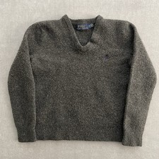 Polo Ralph Lauren Sweater Youth Medium Gray Lambs Wool V Neck Purple Pony Preppy