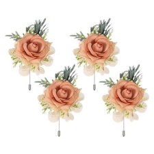 4 Pcs Light Brown Boutonnieres for Men, Artificial Flower Buttonholes Pocket
