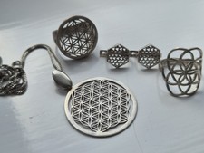 Sterling Silver Flower Of Life Jewellery Set Necklace Ring Earrings 17g RRP £100