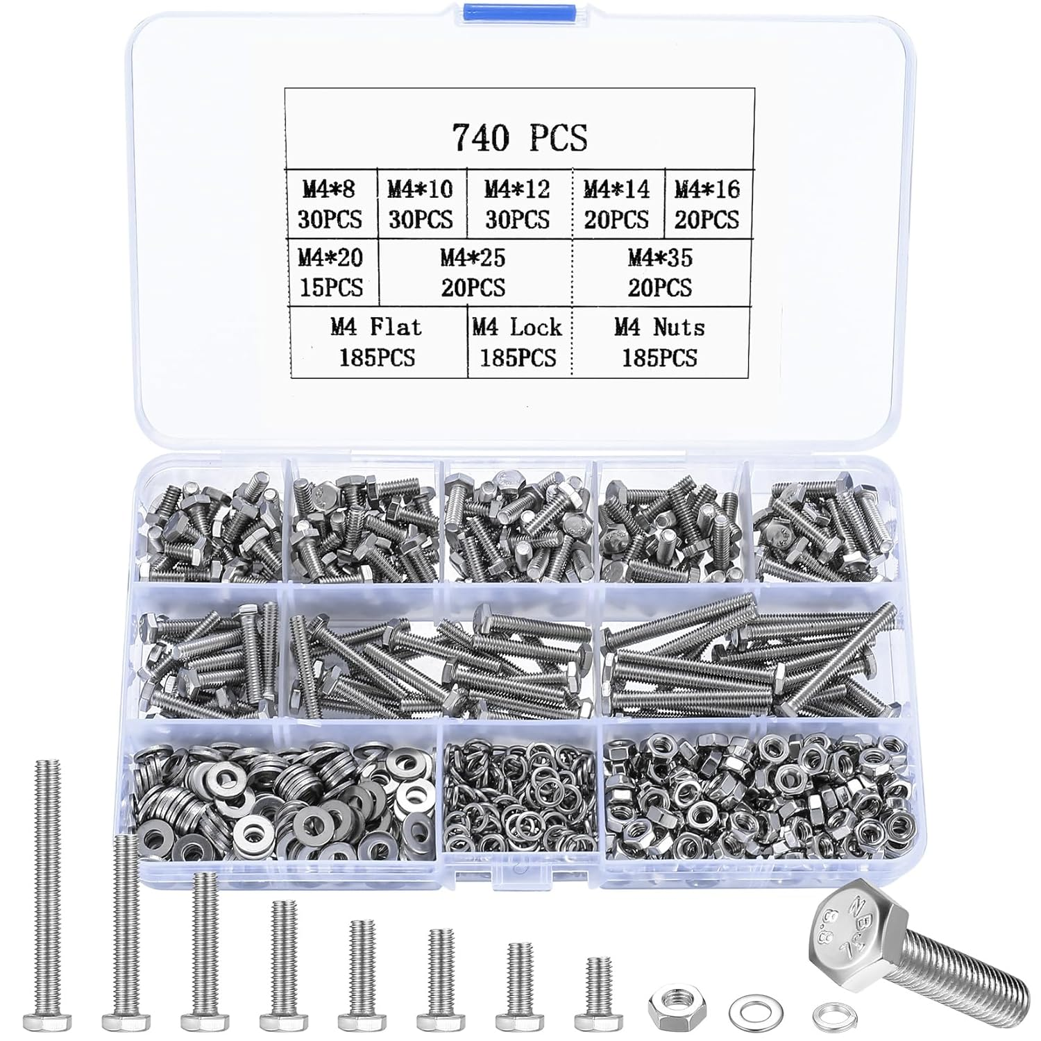 740 Pcs M4 Bolts and Set, M4 Hex Bolts Sets, Metric Assorted Nuts and Screws Ass