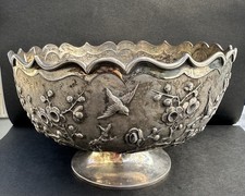 A Fine Large Antique Chinese Export Silver Bowl birds & flower decoration c1920