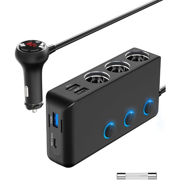 Car Charger Splitter 200W 3 Socket Cigarette Lighter Adapter with PD30W USB-C Mu