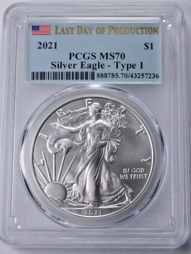2021 American Silver Eagle Type 1 PCGS MS 70 Last Day Of Production Label