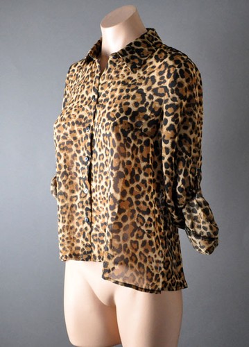 Damen braun Leopard Spitze Langarm Chiffon Button Down Shirt Bluse Top S M L - Bild 4 von 8