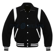 Varsity College Letterman Black Wool  Genuine White Leather Strip Jackets