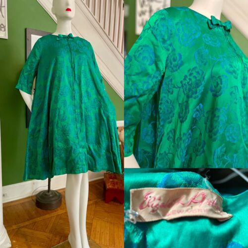 Vtg 60s Elizabeth Arden Emerald Satin Tent Cape Trapeze Party Dress S/M ❤️VLV