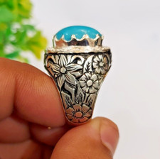 Real Turquoise Ring Handmade Hussaini Feroza Ring For Men Engraved 925 Silver