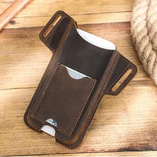 For iPhone 14 15 Pro Max 6.7" Genuine Leather Belt Phone Case Coffee Black