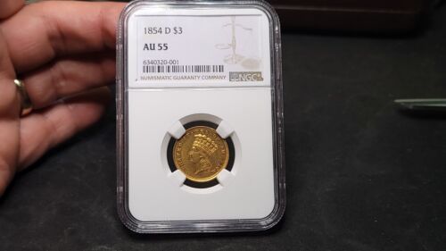 1854 D Three Dollar Gold $3 NGC AU 55 Dahlonega Mint!! - Picture 2 of 9
