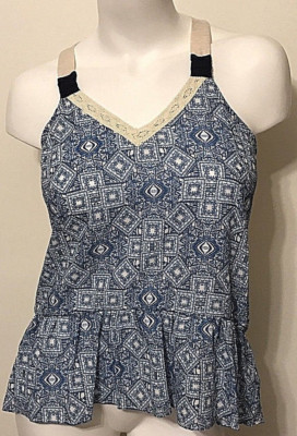 NWT JUNIOR'S JOLT SLEEVELESS RUFFLE BLUE GEOMETRIC PRINT TOP LARGE MSRP $30.00