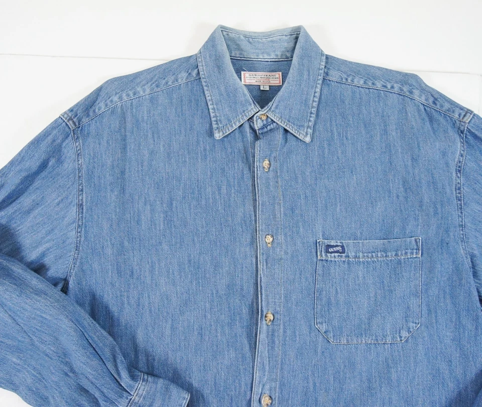 复古 Guess 衬衫男式大号蓝色牛仔纽扣 Georges Marciano 90 年代 — 第 2/4 张图片
