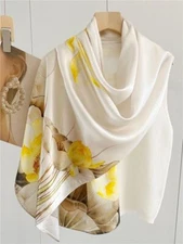 Pure Mulberry Satin Silk Shawl Wrap Flower Print Oblong Scarf 170cm Yellow