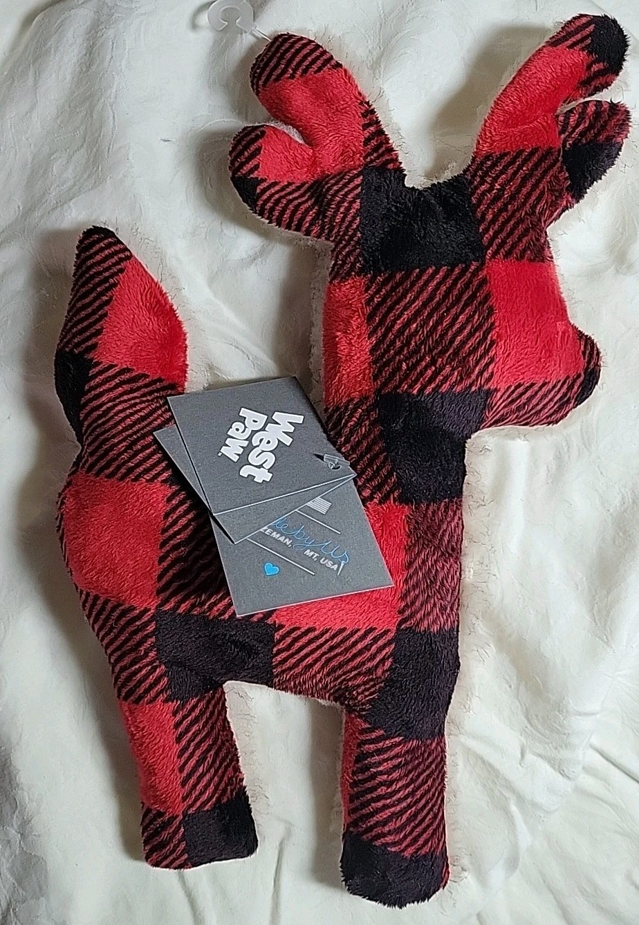 West Paw Red Check Plaid Reindeer Shape Plush Squeaky Dog To