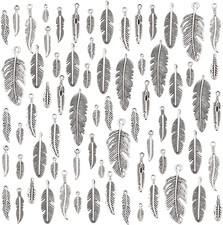 84Pcs 14 Styles Feather Charms Pendants, Antique Silver Feathers Pendants Tibeta