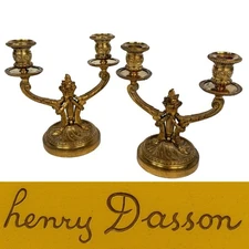 Pair Henry Dasson French Louis XVI Gilt Bronze Ormolu Candlesticks Candelabra