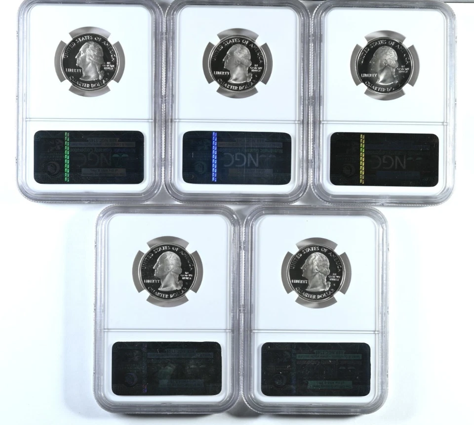 Five 2005 Silver 25C PF 69 Ultra Cameo NGC Graded State Proof Quarters - Image 2 of 2