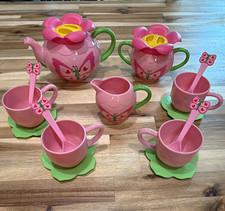 Pink Flower Pretend Play Tea Set w/ Teapot, Creamer, Sugar, Cups, Saucers