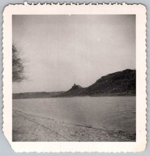 Vtg B&W Snapshot Scenic Nature Landscape River Hill Small Tower Ruin View 1946