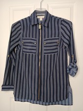 Michael Kors XS Blue Striped Zip Front Shirt Gold Hardware Roll Tab Sleeve...