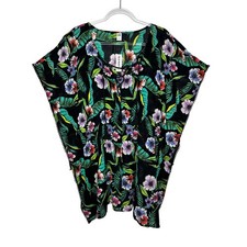 Old Navy Swim Cover up Kaftan Size L Black Floral Tropical Lace Trim Tassel New