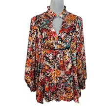 Umgee Women's Boho Floral Blouse Top Multicolor L Casual Top Spring Hippie Gypsy