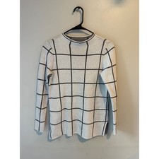 Loft Petites XXSP Sweater White Black Windowpane Grid Crew Neck Knit Top