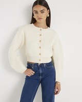 River Island Womens Cardigan Cream Knitted Structured Sleeve Buttoned Jumper Top