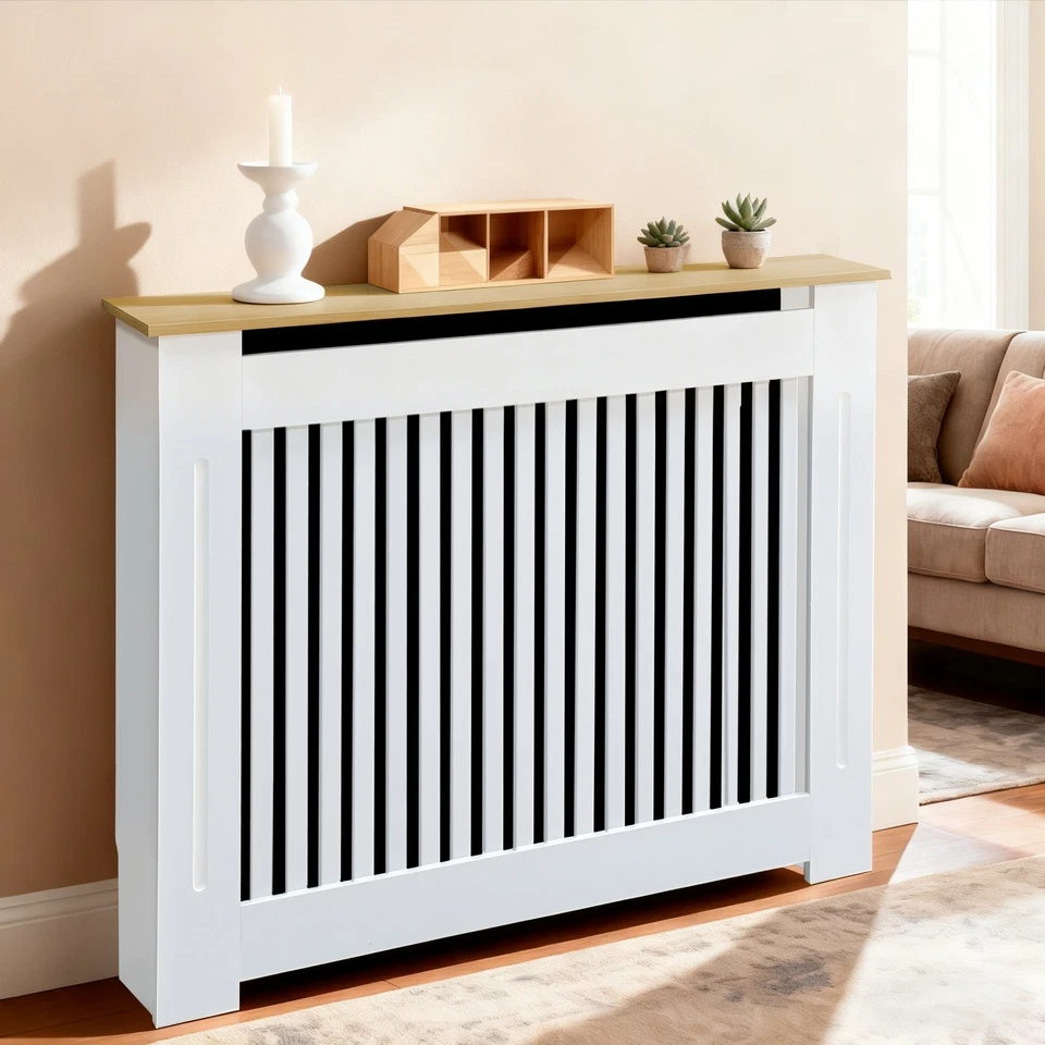 Slatted Vertical White Radiator Cover w/ Top Storage Shelf Heater Cover Cabinet - Image 2 of 4