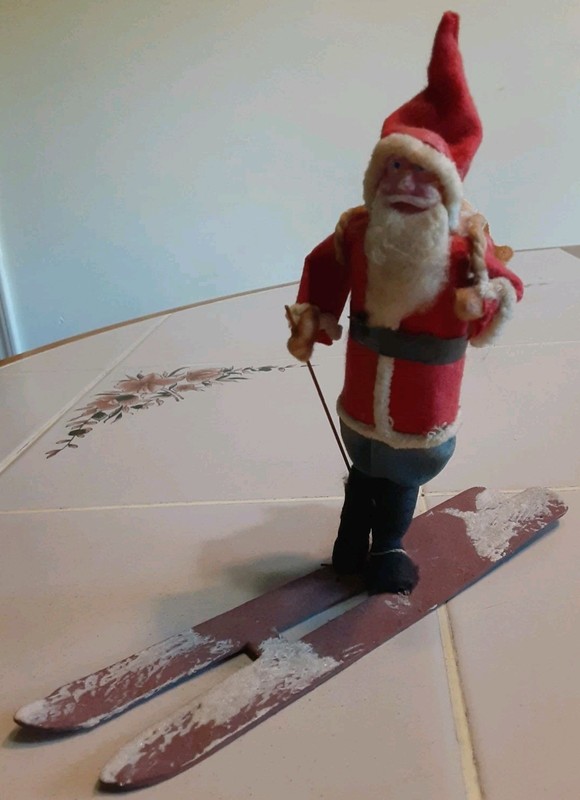 Antique Santa Claus On Ski's With Spun Cotton, Clay Face Christmas Ornament