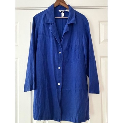 Studio Ease Womens 100% Linen Longline Jacket Cobalt Blue Button Front Size 14