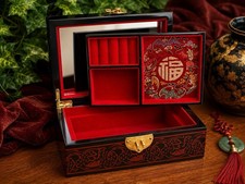 Chinese lacquer box Vintage Chinese Carved Red Lacquer Wood Jewelry Box with Soapstone Figural Appliques — listing 4