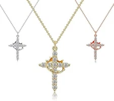 Sparkling Crown Cross Pendant Necklace Christian Jewelry Gift Women Men Girls