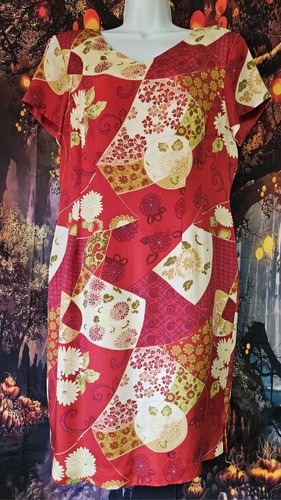 Valerie Dresses Women's 100% Silk Shift Dress Red Floral V-Neck Lined 14