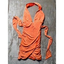 Princess Polly Orange Ruched Halter Mini Dress Deep V Neck Bodycon US 4 Party