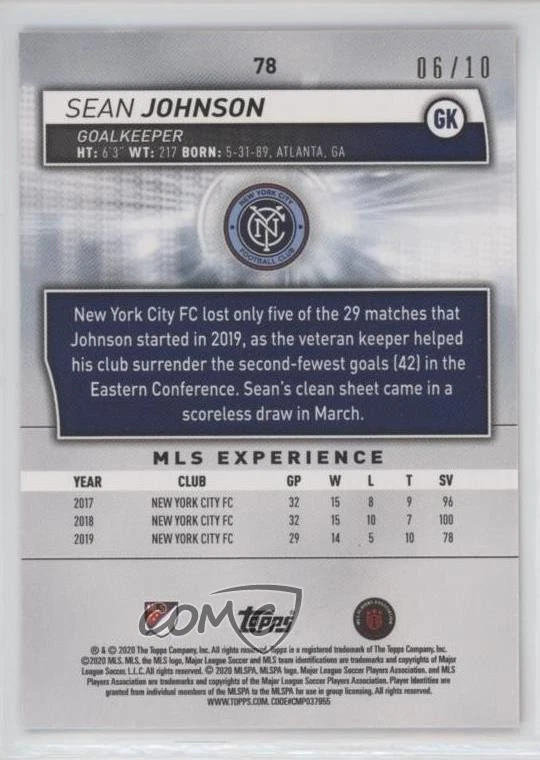 2020 Topps MLS Red /10 Sean Johnson #78 - Image 2 of 2
