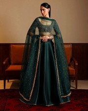 Indian Style Malai Satin Silk Green Lehenga Choli With Dupatta For Wedding Wear