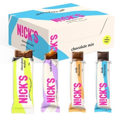 NICKS Schokolade Keto Riegel, Chocolate Mix box mit Schokoriegel ohne Zuckerzusa