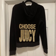 Vintage Y2K Juicy Couture Black Velour Hooded Track Jacket Womens Size XL